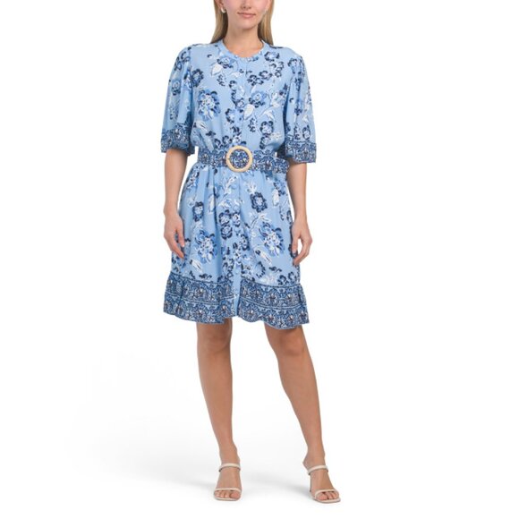 SAIL TO SABLE BLUE MULTI Belted Ruffle Hem Mini Shirt Dress
